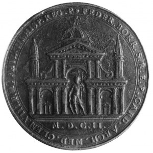 emaliowany medal brązowy 1602, Aw: Kościół przed którym...