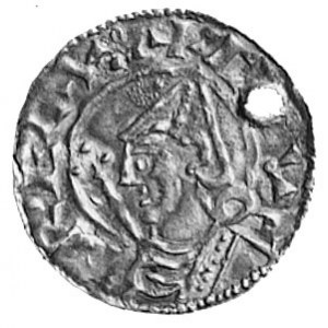 Knut (1016-1035), denar, Aw: Popiersie w hełmie z berłe...