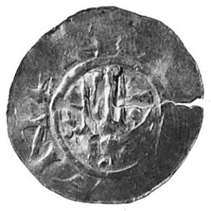 Henryk II, denar, Aw: Dłoń uniesiona do góry, z lewej s...