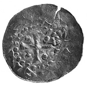 Henryk II, denar, Aw: Dłoń uniesiona do góry, z lewej s...