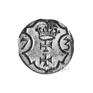denar 1573, Gdańsk, Aw: Orzeł, Rw: Herb Gdańska, Kop.I ...