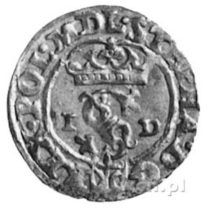 szeląg 1586, Olkusz, Aw: Monogram i napis, Rw: Tarcza h...