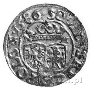 szeląg 1586, Olkusz, Aw: Monogram i napis, Rw: Tarcza h...