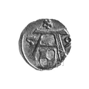 denar 1559, Królewiec, Aw: Orzeł, Rw: Litera A z herbem...