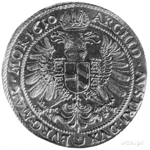 5 dukatów 1610, Praga, Aw: Półpostać cesarza z insygnia...