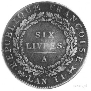 ecu (6 liwrów) 1793 (L’ AN II), Paryż, Aw: Geniusz pisz...