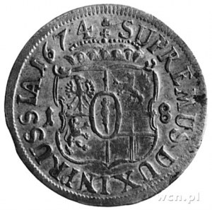 ort 1674, Królewiec, Aw: Głowa, w otoku napis, Rw: Tarc...