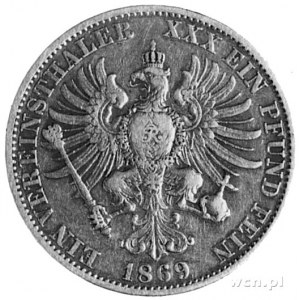 talar 1869, Frankfurt, Aw: Głowa, poniżej litera C, w o...