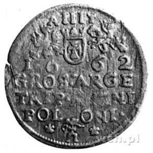 trojak 1662, Kraków, Aw: Popiersie i napis, Rw: Herby i...