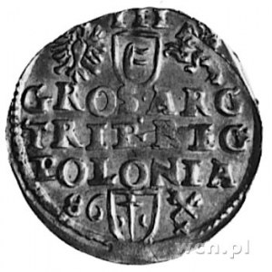 trojak 1586, Poznań, Aw: Popiersie i napis, Rw: Herby i...