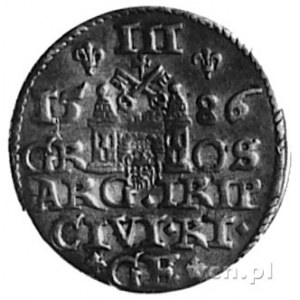 trojak 1586, Ryga, Aw: Popiersie i napis, Rw: Herb Rygi...