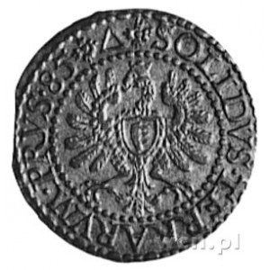 szeląg 1585, Malbork, Aw: Monogram i napis, Rw: Orzeł P...