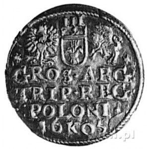 trojak 1605, Kraków, Aw: Popiersie i napis, Rw: Herby i...