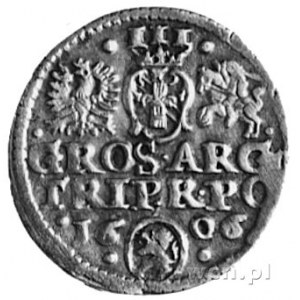 trojak 1606, Kraków, Aw: Popiersie i napis, Rw: Herby i...