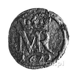 szeląg 1672, Elbląg, Aw: Monogram, Rw: Napis i herb Elb...