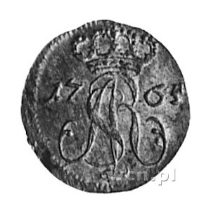 szeląg 1765, Gdańsk, Aw: Monogram, Rw: Napis i herb Gda...