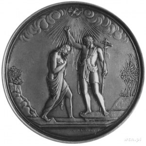 medal chrzcielny sygnowany G. MAINERT, Aw: Scena chrztu...