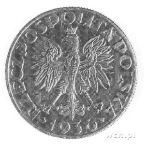 5 złotych 1936, Żaglowiec, na rewersie napis PRÓBA, wyb...