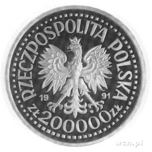 200.000 złotych 1991, Jan Paweł II, napis: PRÓBA na rew...
