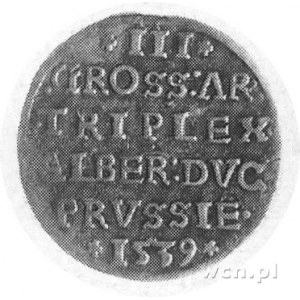 trojak 1539, Królewiec, Aw: Popiersie Albrechta i napis...