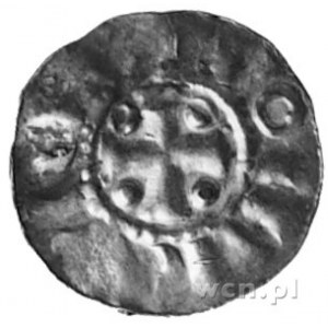 denar- II ćw. XI w., Aw: Krzyż, w polu 4 kulki i znieks...