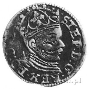 trojak 1585, Ryga, Aw: Małe popiersie w koronie i napis...
