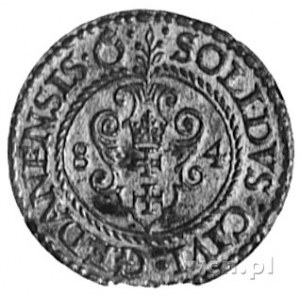 szeląg 1584, Gdańsk, Aw: Orzeł Ziem Pruskich i napis, R...