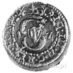 szeląg 1617, Wilno, Aw: Monogram królewski i napis, Rw:...