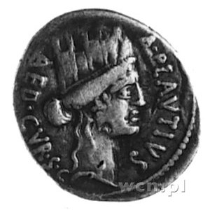 A. Plautius około 55 pne, denar, Aw: Głowa Cybele w wys...