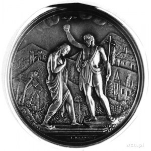 medal chrzcielny sygnowany I. MAJNERT, Aw: Scena chrztu...