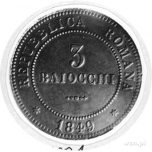 3 baiocchi 1849 R, Aw: Nominał, w otoku napis, Rw: Orze...