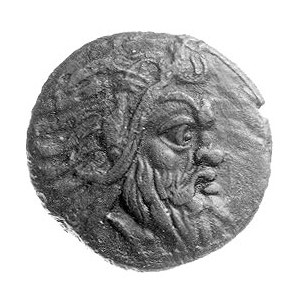 Pantikapea, brąz IV-III w. pne, Aw: Głowa Pana w prawo,...