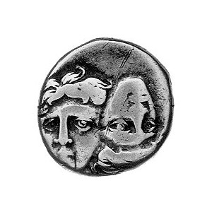 Istros- srebrny stater IV pne, Aw: Dwie głowy męskie na...