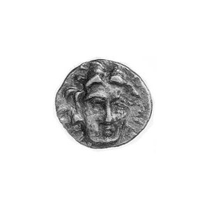 Rodos- diobol 304-167 pne, Aw: Głowa Heliosa na wprost,...