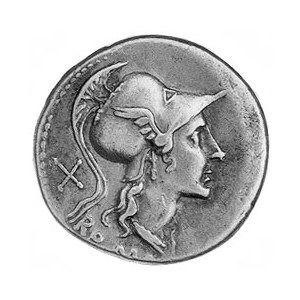 denar, 115-114 pne, Aw: Głowa Romy, za nią X, niżej nap...