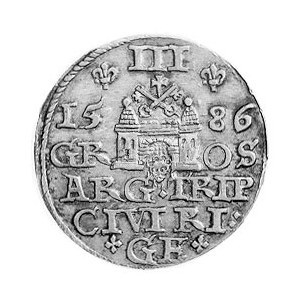 trojak 1586, Ryga, Aw: Popiersie w koronie i napis, Rw:...