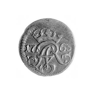 szeląg 1763, Elbląg, Aw: Monogram, Rw: Herb Elbląga, Ko...