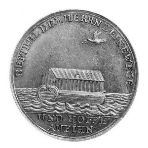 medal religijny XVIII w., Aw: Płynąca Arka Noego; nad n...