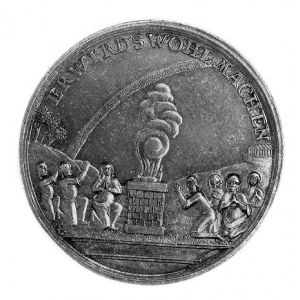 medal religijny XVIII w., Aw: Płynąca Arka Noego; nad n...