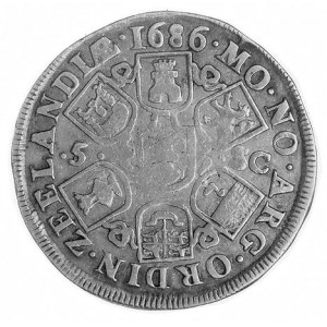 5 schelling 1686, Aw: Rycerz, w otoku napis, Rw: 7 tarc...