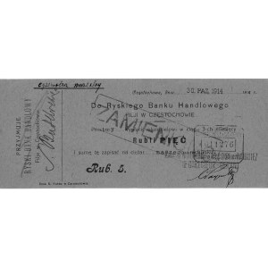 czek na Rubli Pięć 1914 r., wystawiony przez Fabrykę Mo...