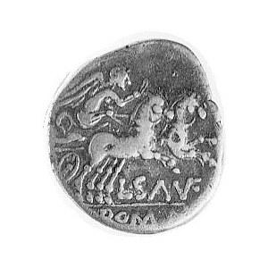 denar- L. Saufeius 152 pne, Aw: Głowa Romy w prawo, za ...