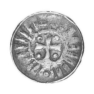 denar jednostronny XI w. ; Krzyż; w polu kulki i imitac...