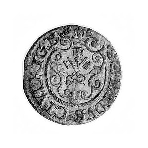 szeląg 1586, Ryga, Aw: Monogram królewski i napis, Rw: ...