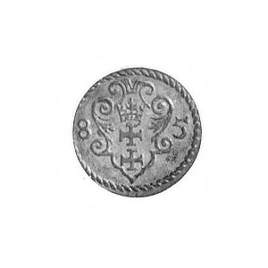 denar 1585, Gdańsk, Aw: Orzeł Prus Królewskich (ręka z ...