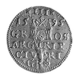 trojak 1595, Ryga, Aw: Popiersie w koronie i napis, Rw:...