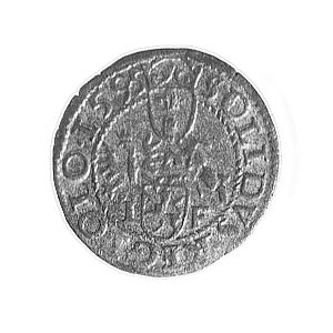 szeląg 1595, Wschowa, Aw: Monogram królewski; w znaki m...