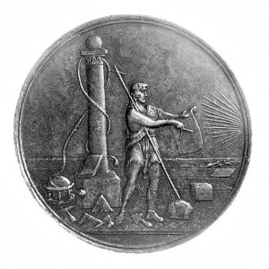 medal masoński XIX w., Aw: Mężczyzna z krzyżem ubrany w...