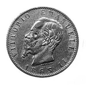 20 lirów 1863, Turyn, Aw: Głowa króla Wiktora Emanuela ...