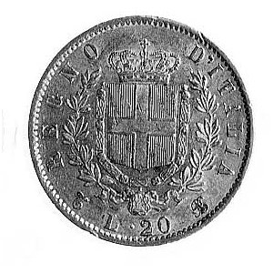 20 lirów 1863, Turyn, Aw: Głowa króla Wiktora Emanuela ...